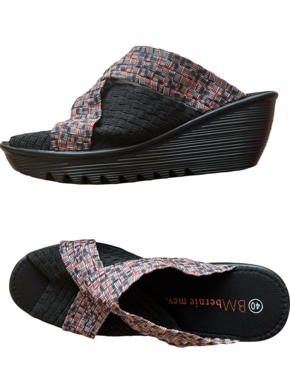 bernie mev. Black Wedge Slide Sandal with Red and White Woven Straps